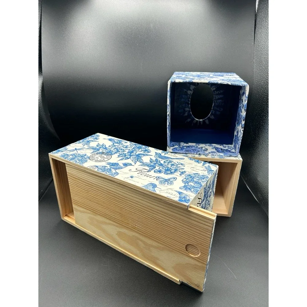 Lot Of 3 Tissue Box Covers Blue And White Chinoiserie Floral And Bird 2 Wooden